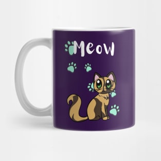 Meow Cute Tortoiseshell Cat With Blue Paw Prints Mug